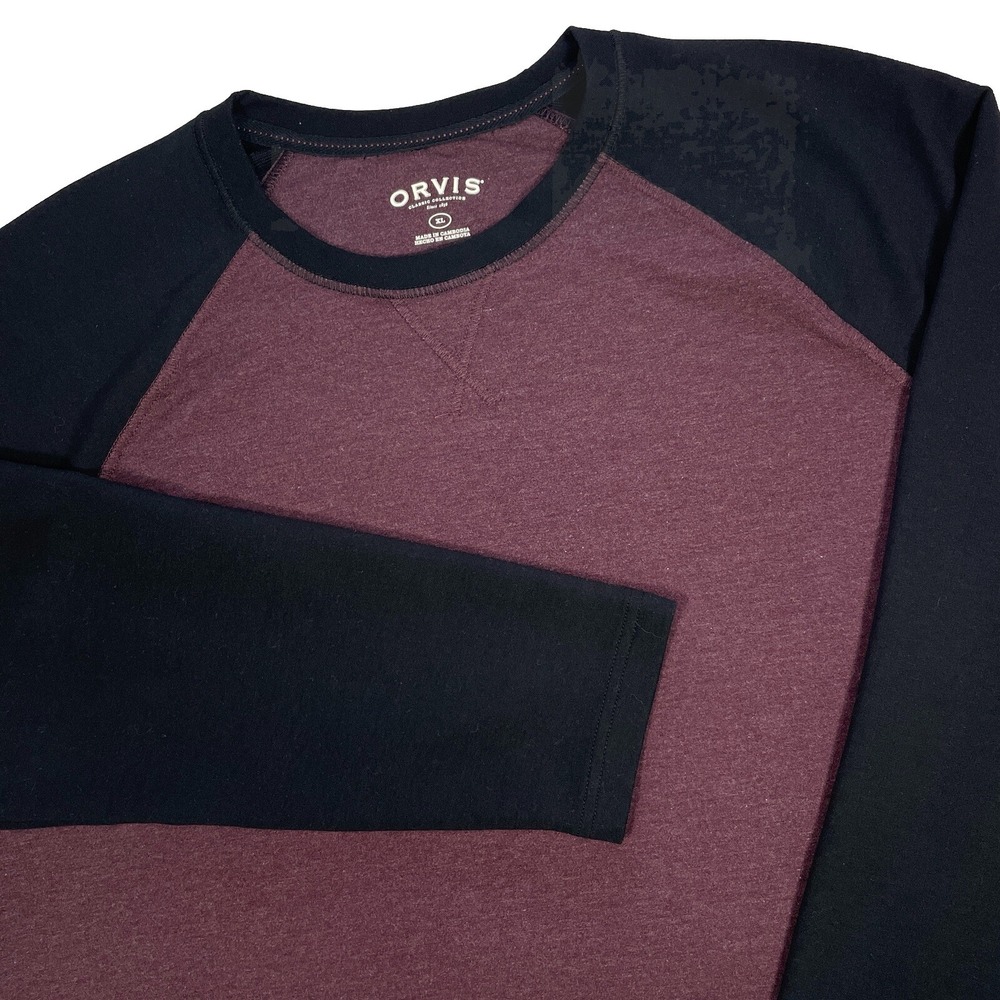 Orvis Raglan Long Sleeve Shirt Mens Soft Stretch Rayon Blend Burgundy Black XL